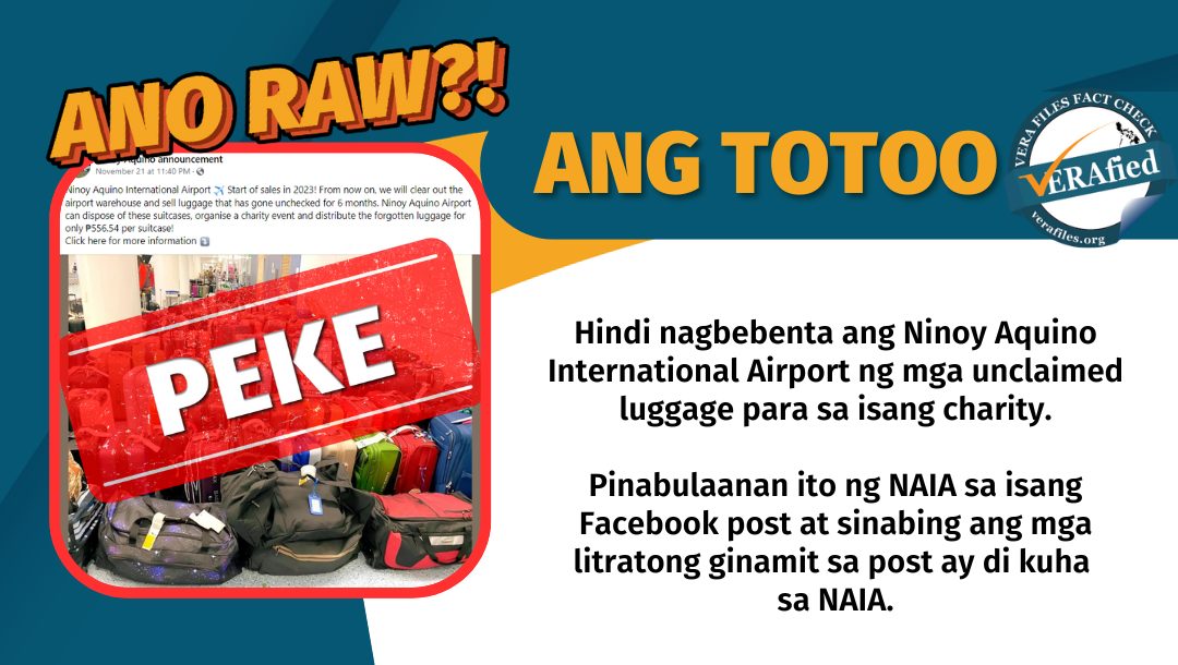 VERA FILES FACT CHECK: PEKE ang mga post tungkol sa pagbebenta ng NAIA ng mga hindi nakuhang maleta