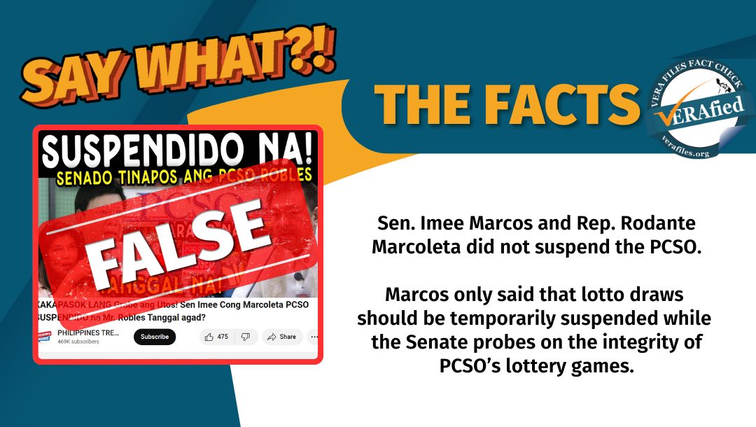 VERA FILES FACT CHECK: PCSO NOT suspended, Robles NOT removed from position