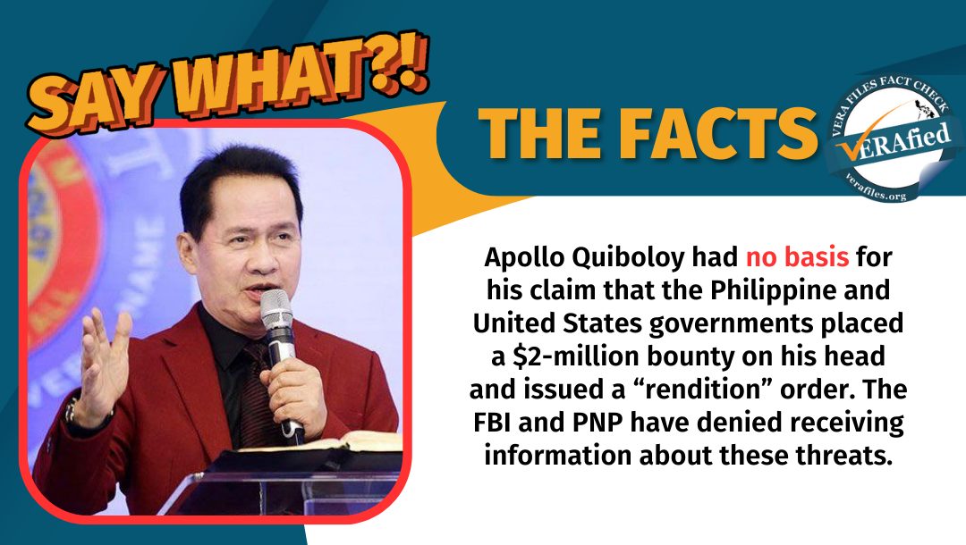 VERA FILES FACT CHECK: Quiboloy makes baseless claim on kill order, $2-million bounty